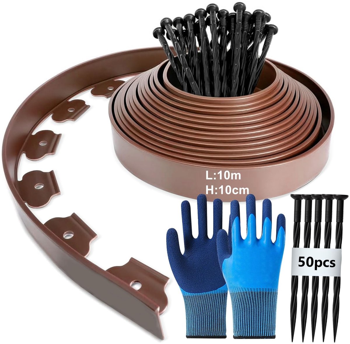 Flexibele Plastic Grens voor Tuin - 10 m x 10 cm - Bruin