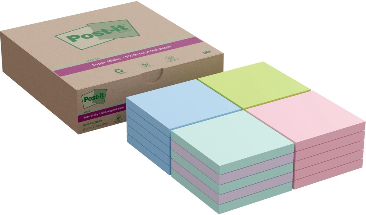 Recyclebare Super Sticky Notities - Assortiment Kleuren - 20 Blokken - 76 x 76 mm