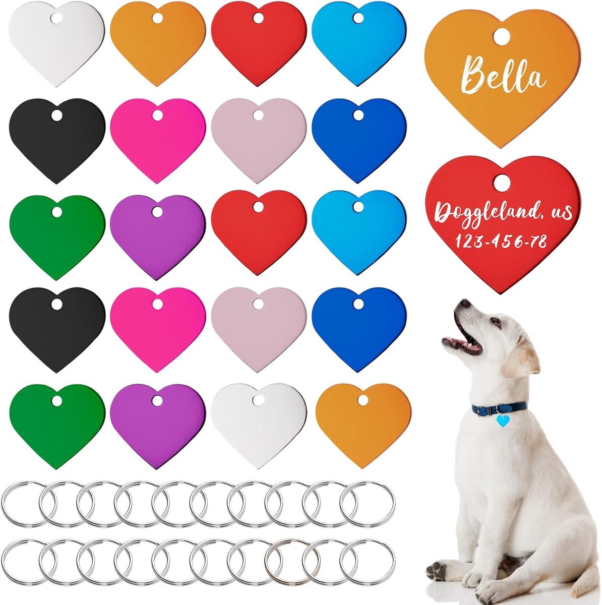 Kleurvolle Hartvormige ID Tags voor Huisdieren - 20 Stuks Aluminium Naam- en Telefoonnummer Tags met Sleutelhangers voor Honden en Katten