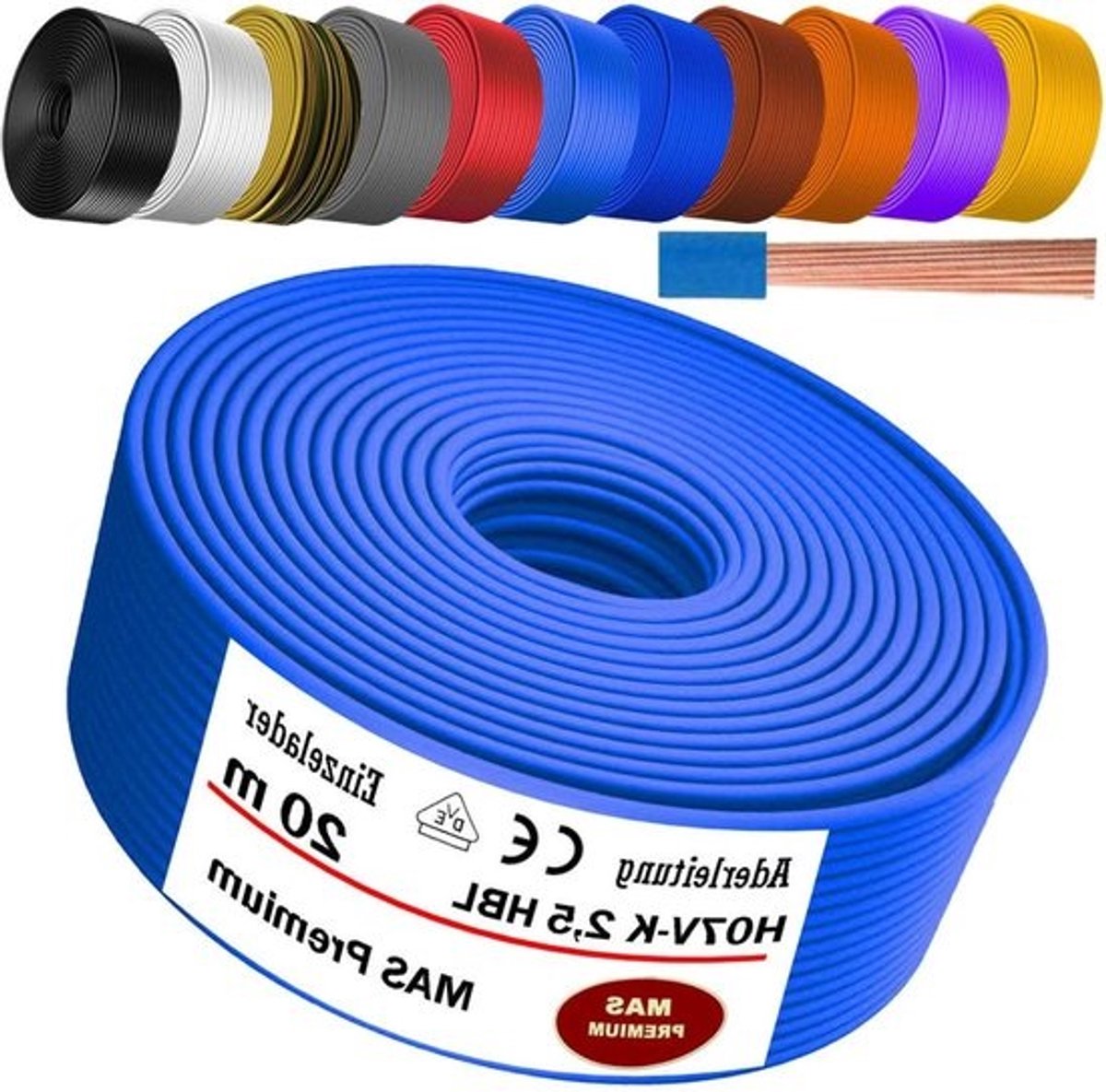 Aderkabel H07 V-K - Elektrische draad flexibel - Installatie in huis - Meerdradig koper - 20 meter - Lichtblauw