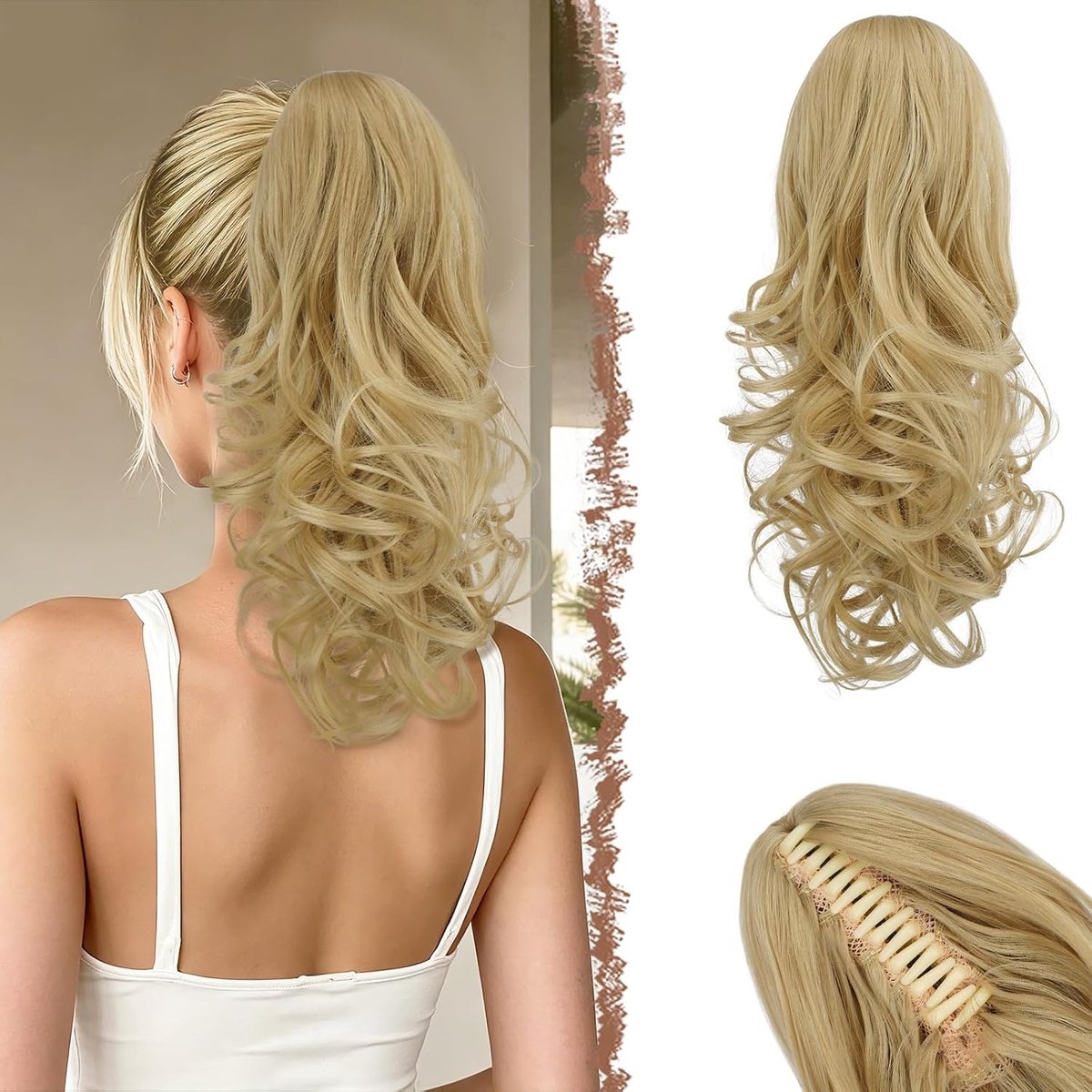 Ponytail Extensions met Claw, 35cm Champagne Blonde Krullend en Golvend Synthetisch Haar voor Vrouwen - Perfect voor een Snelle Haarstijl