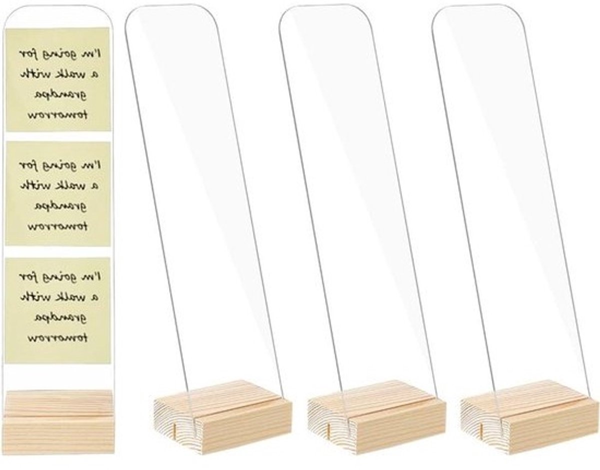 Acryl Memo Houders - Plaknotitie Organizer - Bureau Organiseren - Met Houten Basis - 8x6.5x31cm - Transparant