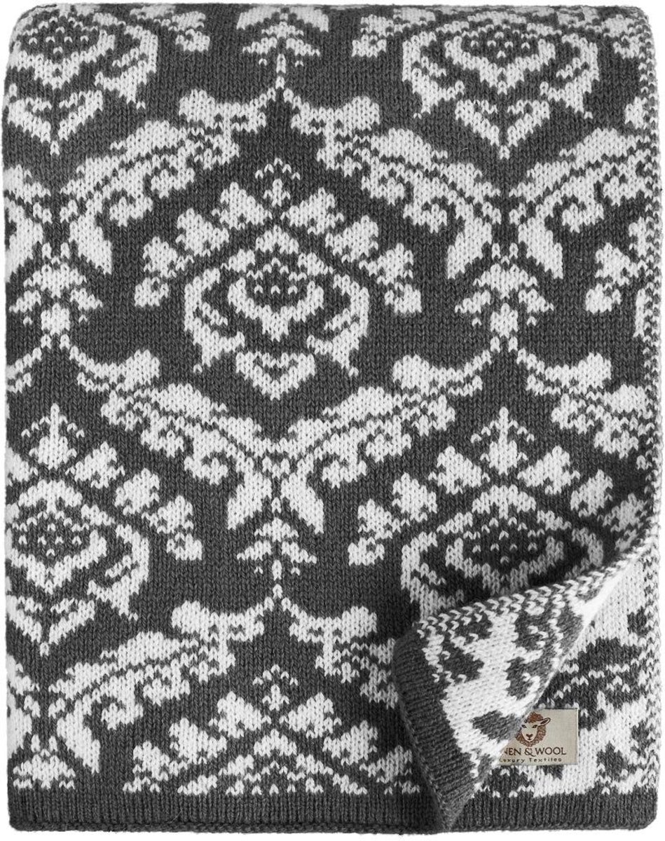 Gebreid Wol Dekentje - Damask Patroon - Zwart/Wit (135 x 180 cm)