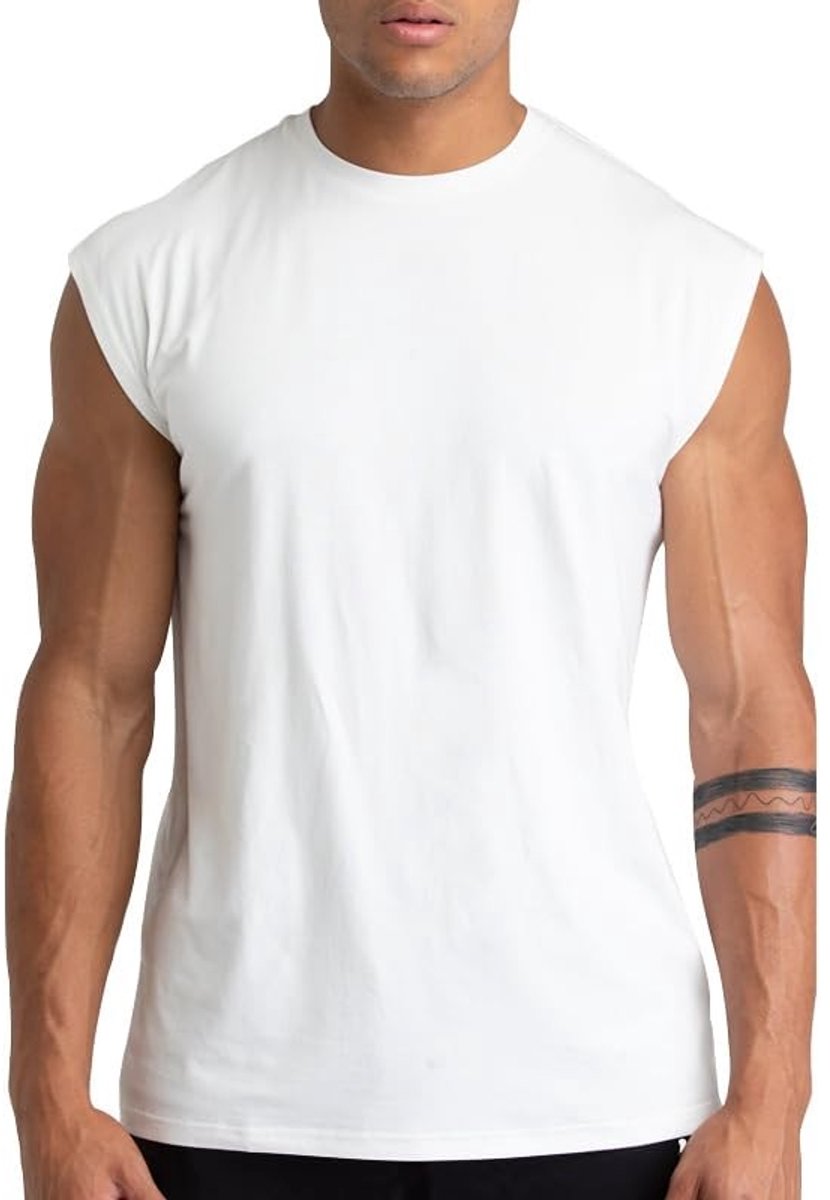 Heren Katoenen Gym Tanktops - Wit - Maat Keuze 1, 3 of 5 Stuks