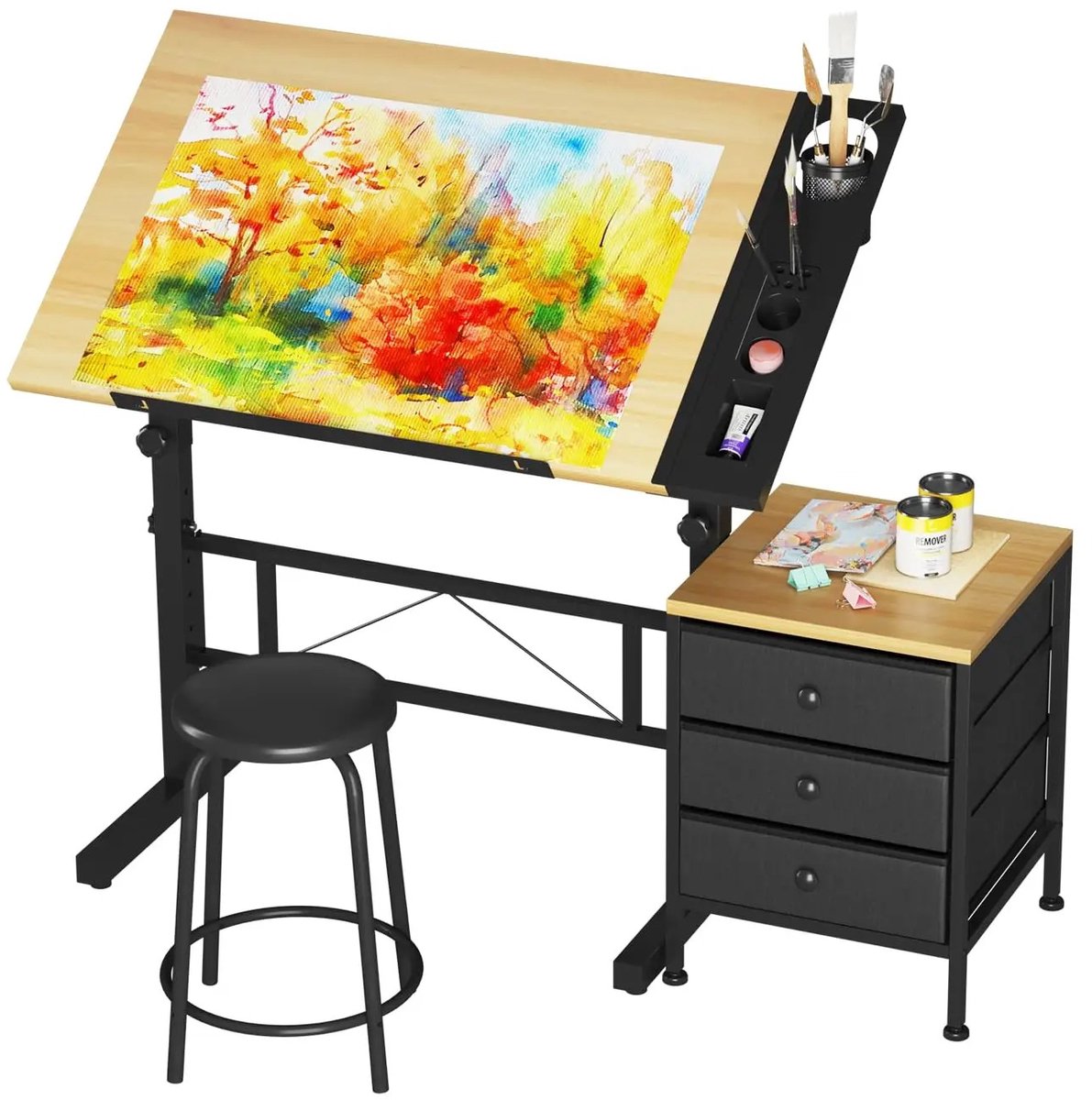 Nyoz kantelbare tekentafel - Bureau - Tekenbureau - 0° tot 60° verstelbaar - Hoogte 70-90 cm - Inclusief kruk - Met opbergvakken