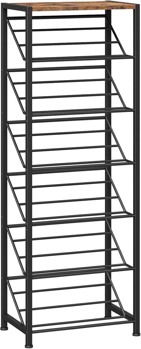 Schoenenrek met 7 hellende planken, opbergoplossing voor kleine ruimtes, industrieel design, schoenenorganizer voor hal en entree, vintage bruin en zwart