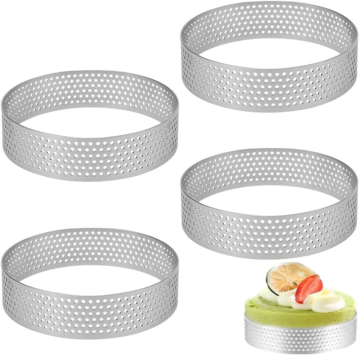 Set van 4 RVS Hoepel Oorbellen voor Bakken van Koekjes, Donuts en Taarten, 8 cm Perforaties voor Vulling en Mini Pizza Mallen