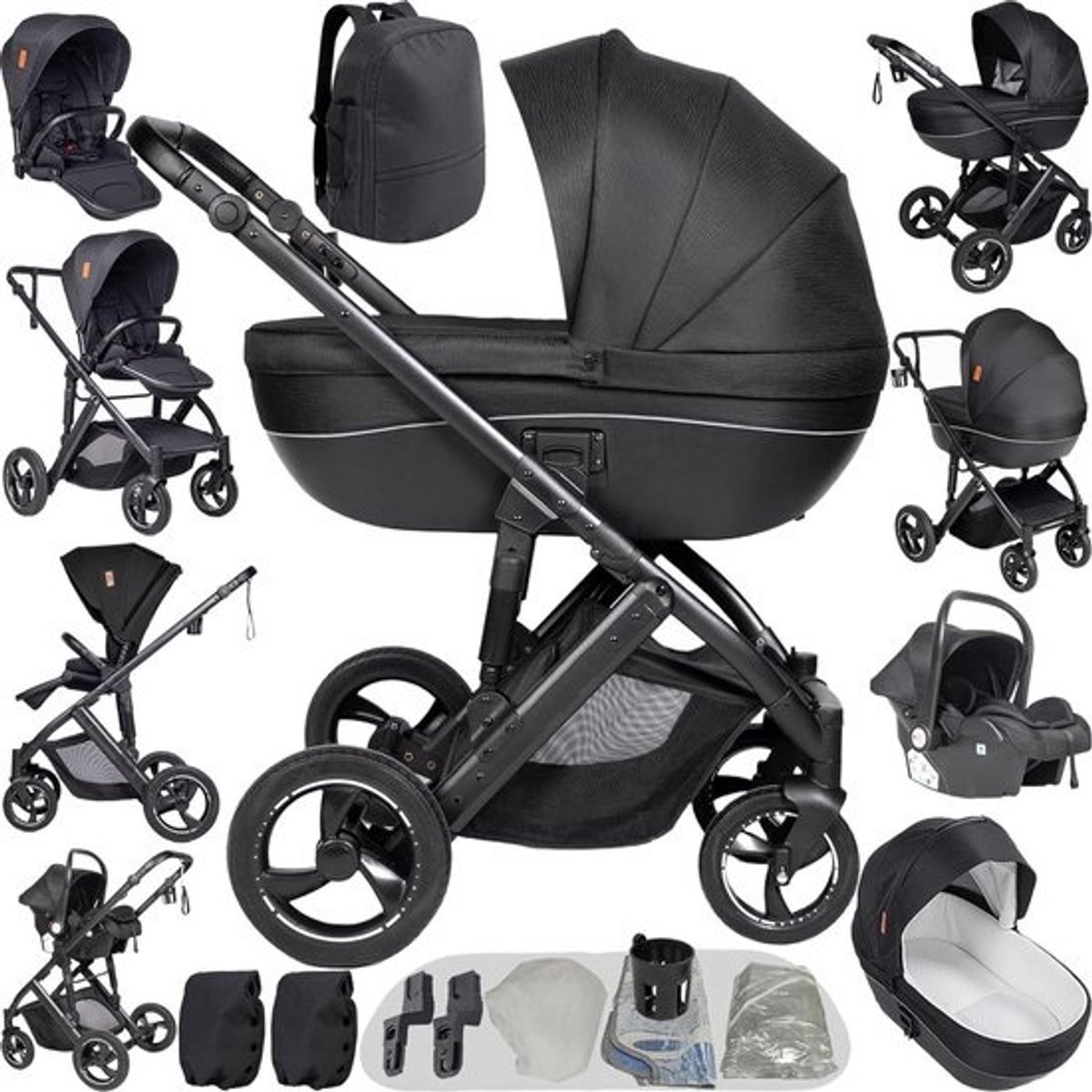Kinderwagen 4-in-1 - Trio kinderwagen Babywagen - Veilig vervoeren - Dubbele duwmodus - 82 x 61 x 105 cm - Zwart