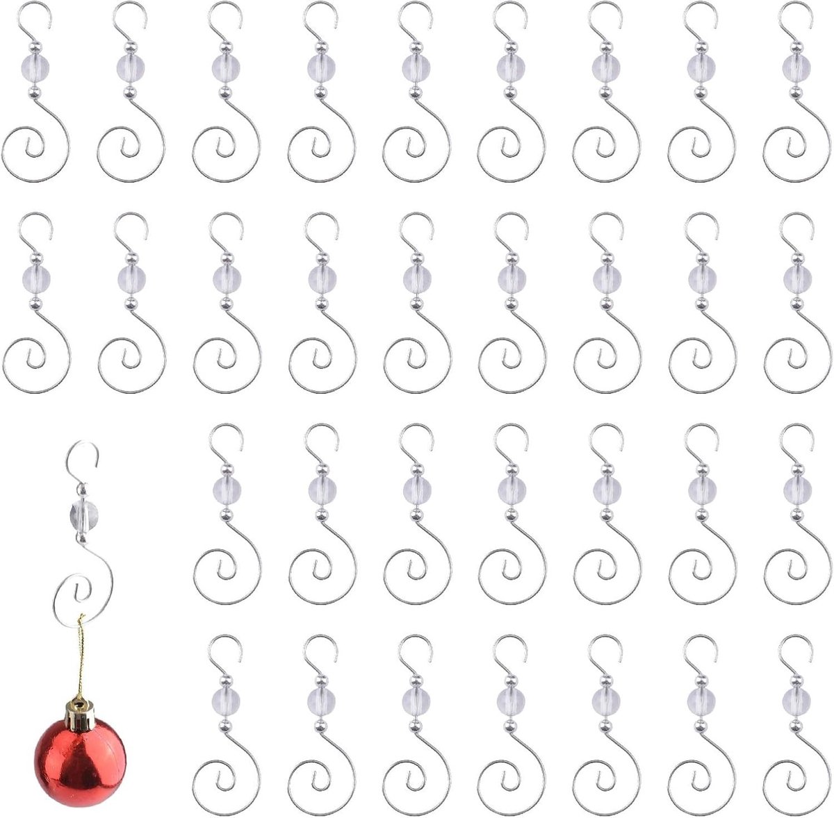 60 Stuks S-vormige Metalen Haakjes voor Kerstdecoraties, Ornamenten en Kerstsokken met Kristallen Kralen