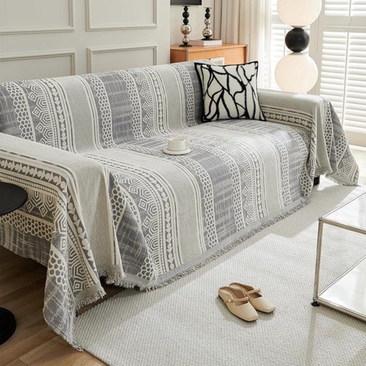 Bank Plaid - Geweven Deken - Woondecoratie - Omkeerbaar Jacquard Patroon - 180 x 260 cm - Grijs