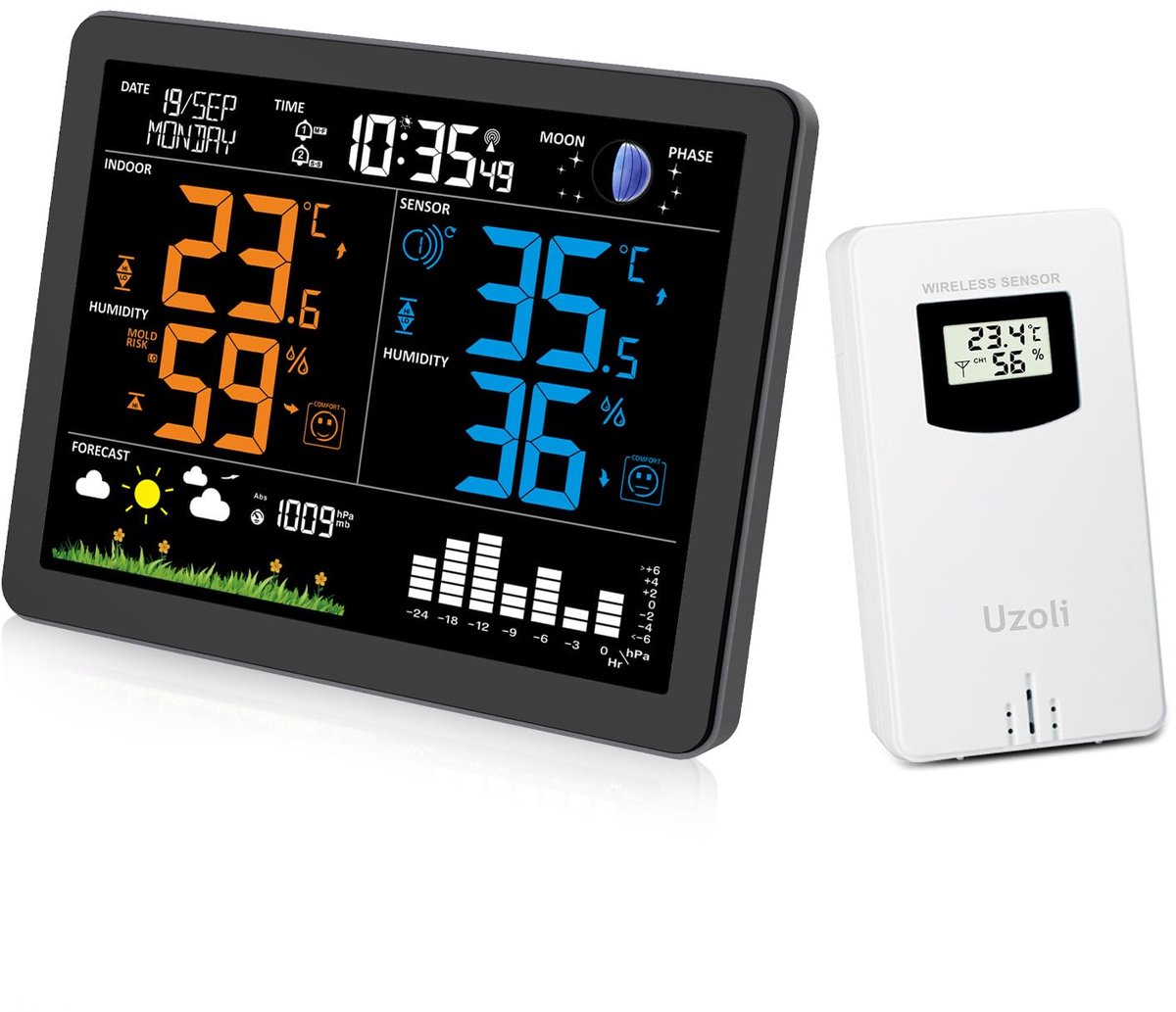 SnelShoppen - Draadloos Weerstation met Buitensensoren, Thermometer, Hygrometer, Kleurendisplay, Weersvoorspelling, Wekker, Luchtdruk, Maanfase, Schim