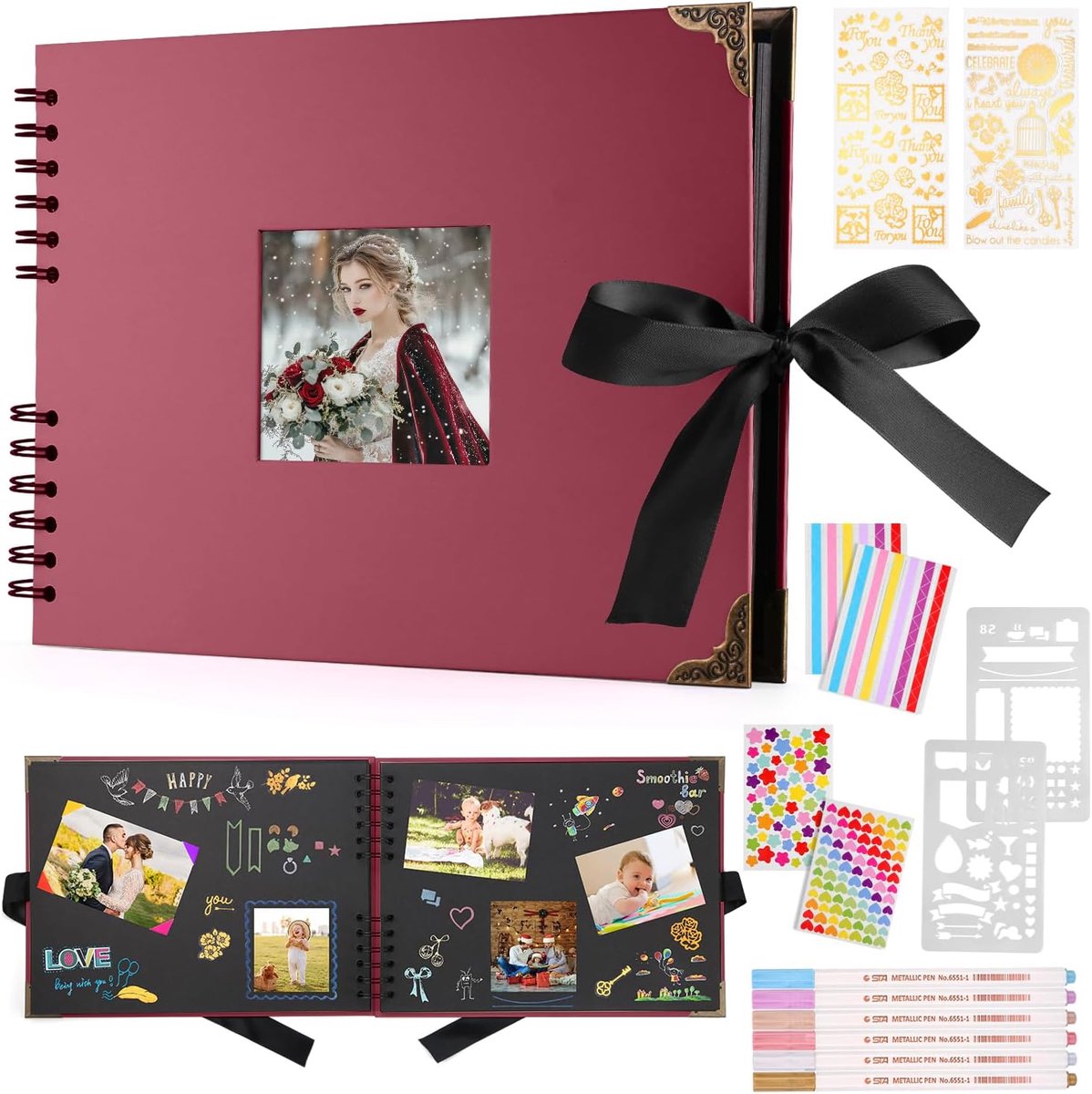 SnelShoppen - Fotoalbum 80 pagina's zwart, scrapbooking boek 29,5 x 21 cm, inclusief 6 metalen pennen, voor 160 foto's, gastenboek voor bruiloft en ve