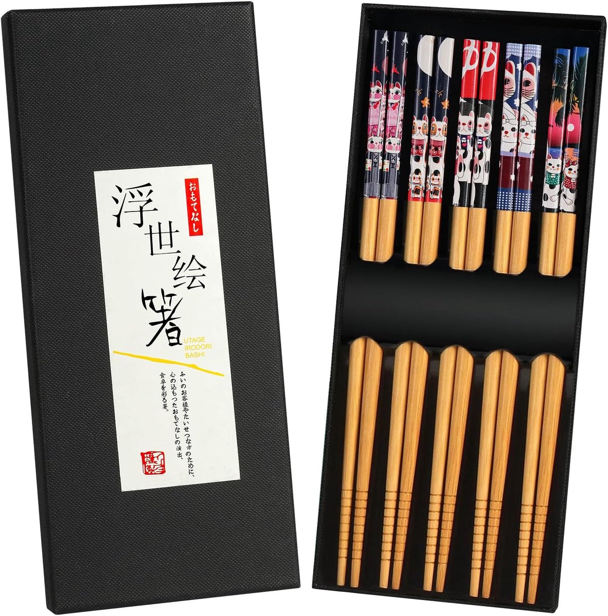 SnelShoppen - 5 Paar Japanse Bamboe Chopsticks - Herbruikbare, Milieuvriendelijke, Antislip, Vaatwasserbestendige Set voor Thuis, Feest, Keuken en Cam