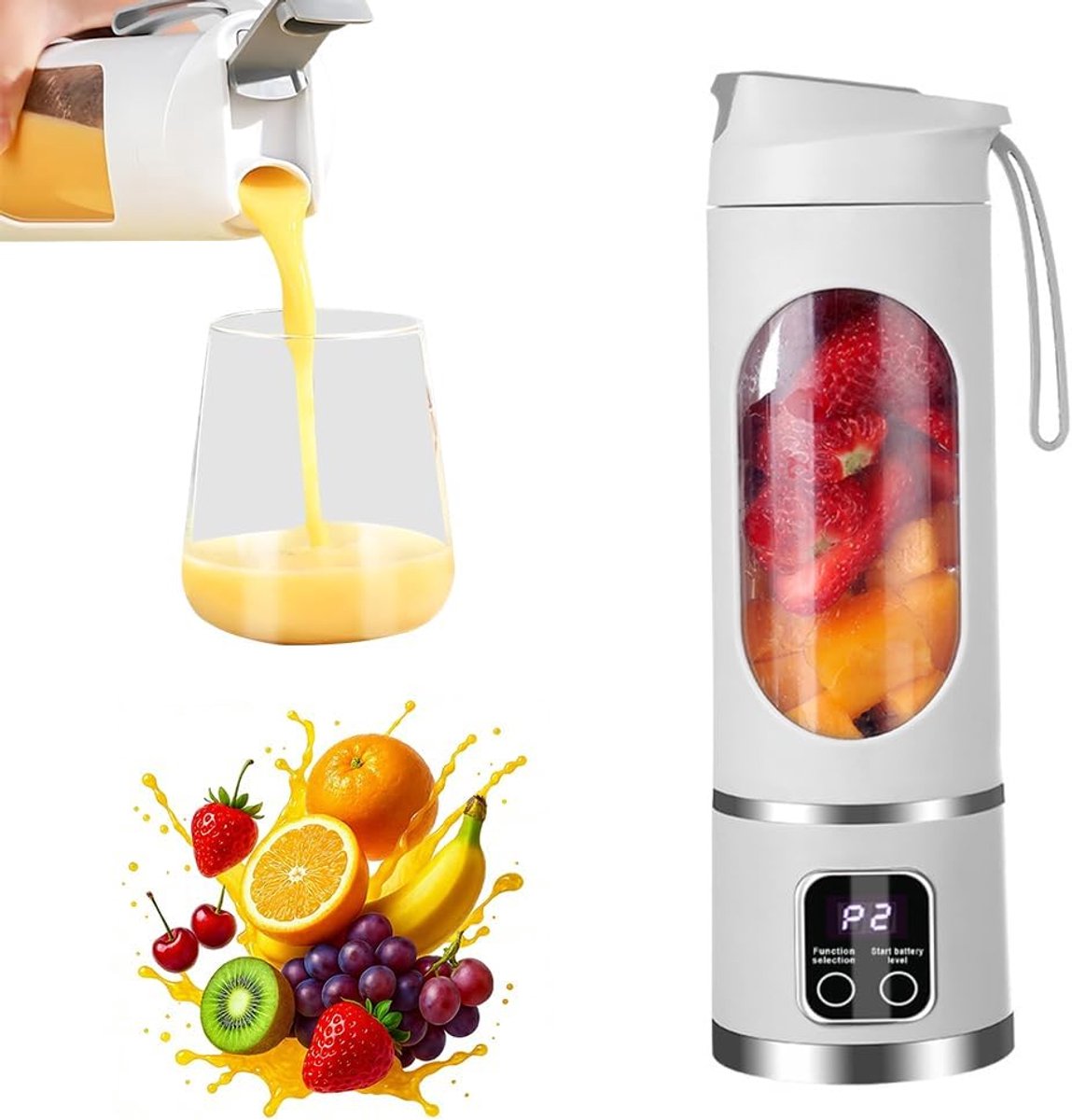 SnelShoppen - Draagbare Smoothiemaker 450 ml met LED-Display, 12 Messen, Roestvrij Staal, USB-Oplaadbaar, Kleine Mixer voor Reizen, Sportschool, Kanto
