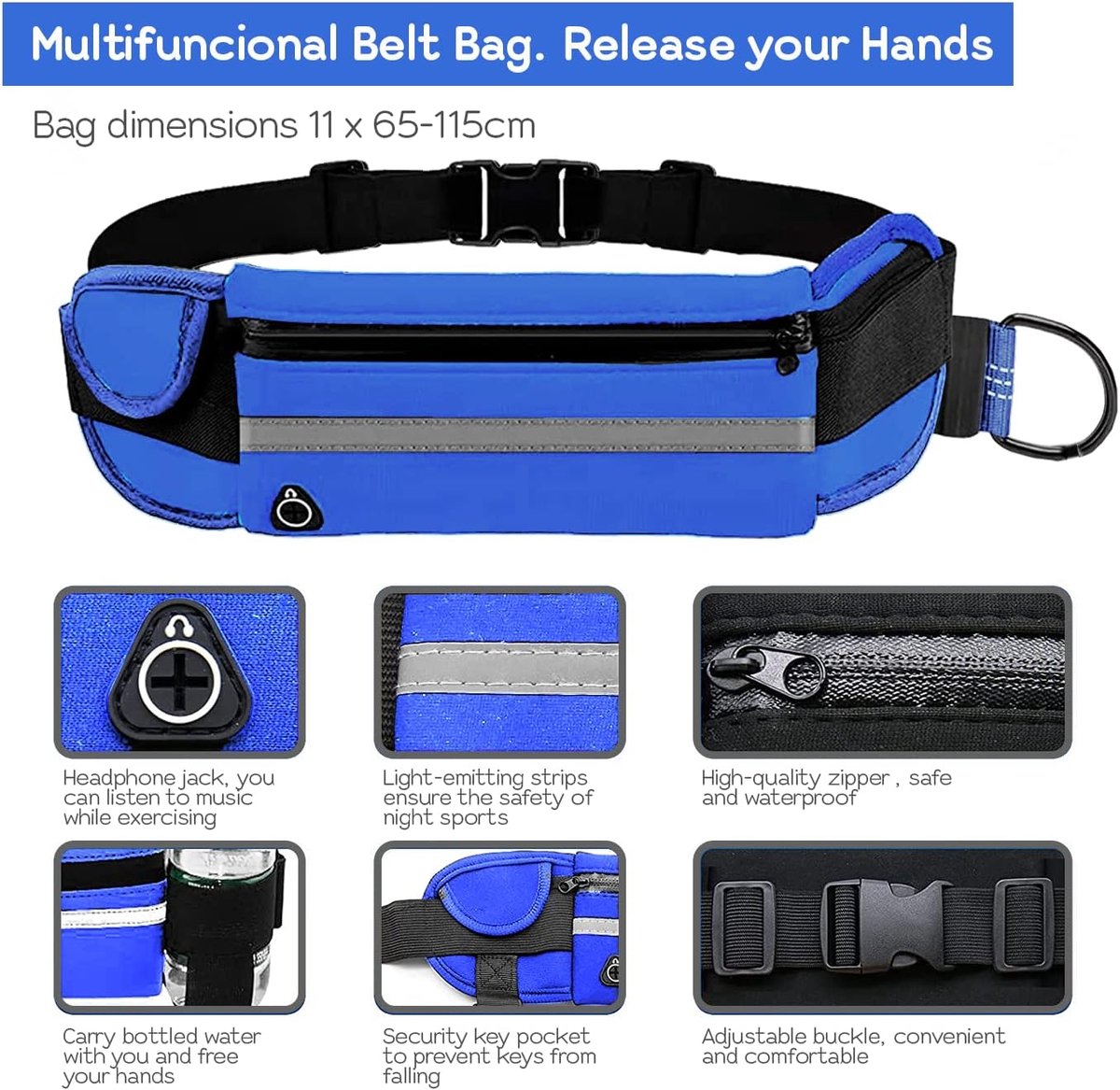 SnelShoppen - Verstelbare Hondenlijn voor Hardlopen - Handsfree, Antitrekkend, Elastisch en Reflecterend 160-220 cm - Voor Mobiele Telefoon (Blauw)