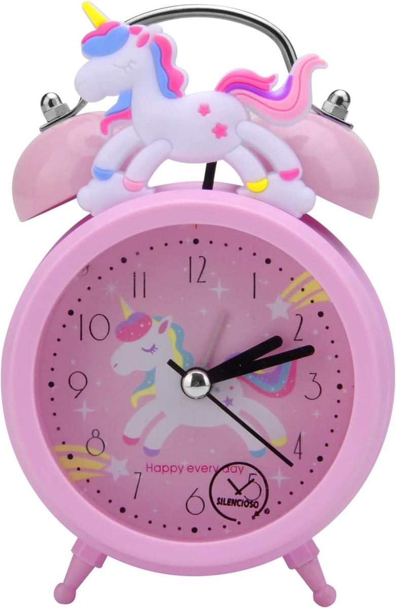 SnelShoppen - Unicorn Kids Alarm Clock voor Meisjes, Stil, Roze, Dubbele Bel, Backlit, Kinderen, Slaapkamer, Cadeau voor Verjaardag of Feest