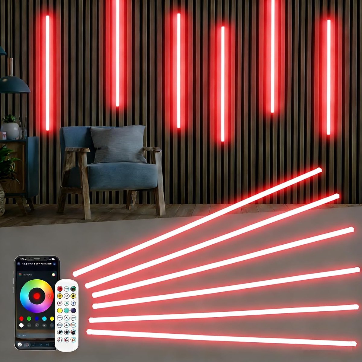 SnelShoppen - Dimbare RGB LED Strip 6 x 100 cm voor Geluidspanelen, Accommodaties, Kasten, App & Afstandsbediening, Muzieksynchronisatie, Wit