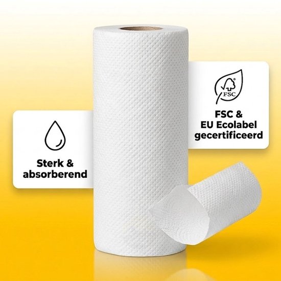 Een rol keukenpapier met witte, stippelpatroon textuur. Sterk & absorberend. FSC & EU Ecolabel gecertificeerd.