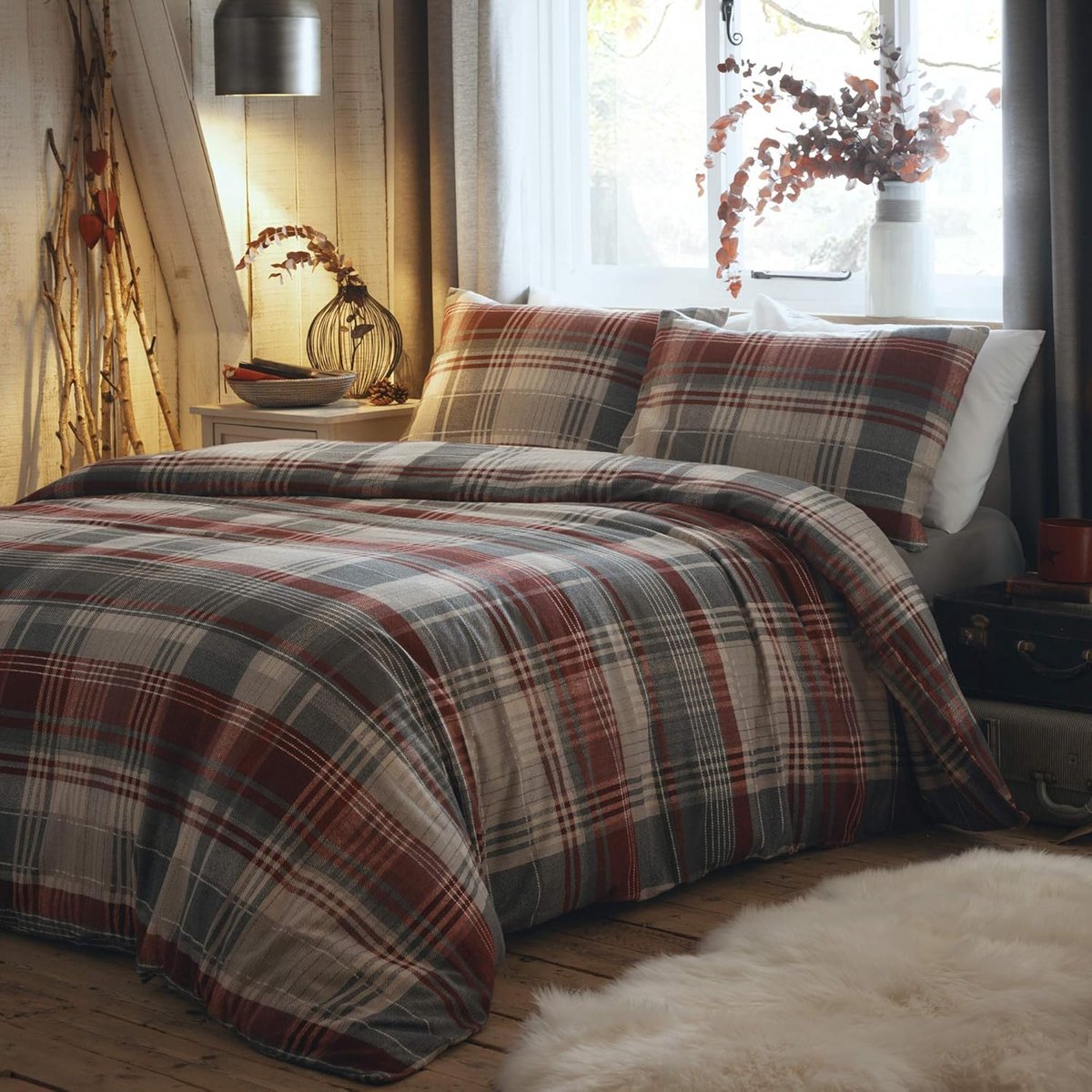 SnelShoppen - Dreams & Drapes Connolly Dekbedovertrek Set - 100% Geborsteld Katoen - Rood en Grijs - Dubbel - Reversible - Landelijk Design - Perfect