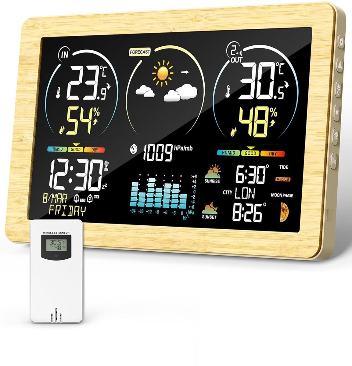 SnelShoppen - Draadloos Weerstation met Buiten Sensor, Kleurendisplay, Weersvoorspelling, Binnen- en Buitenthermometer, Hygrometer, Luchtdrukmeting, S
