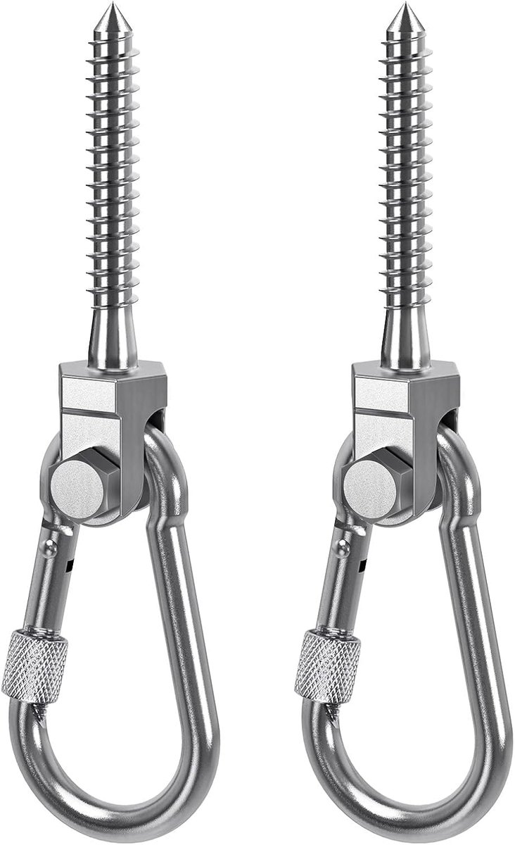 SnelShoppen - Swing haken set van 2, houten balken, M10 x 127 mm, hangstoel bevestiging met karabiner, roestvrij staal, plafondhouder, ooghaak voor sc