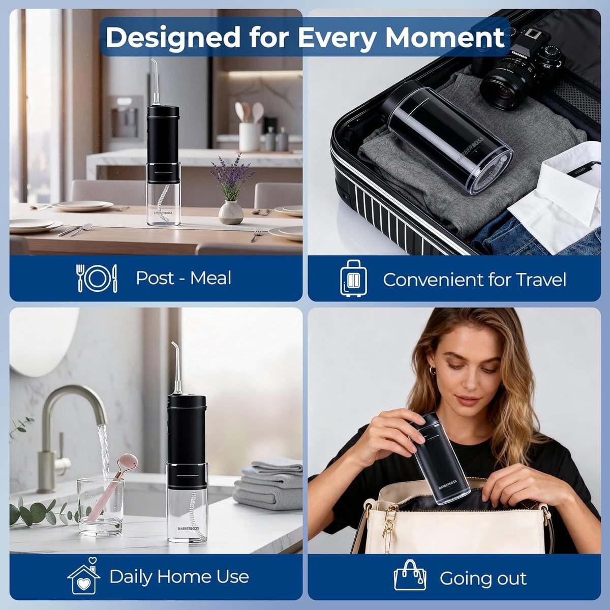 SnelShoppen - Draadloze Water Flosser, Draagbare Mondirrigator, 3 Drukniveaus, 6 Tips, IPX8 Waterreservoir, USB-C Oplaadbare Pocket Flosser, Zwart thumbnail 4