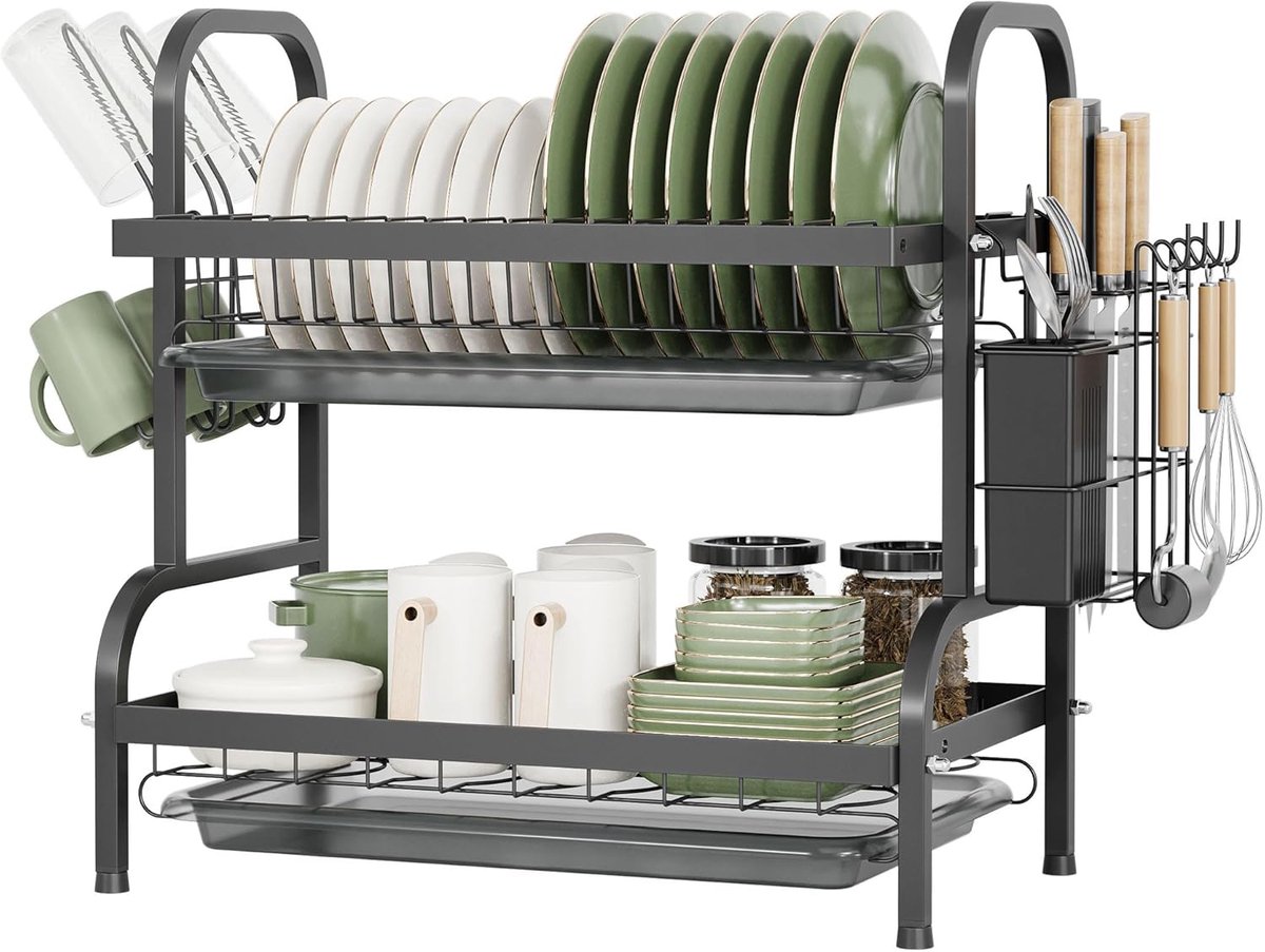 SnelShoppen - 2 Laags Afdruiprek met Lekbakken, Snijplankhouder, Bestekhouder en Mokkenhouder, Zwart, Ideaal voor Keuken, Groot Gezin, Bespaar Ruimte