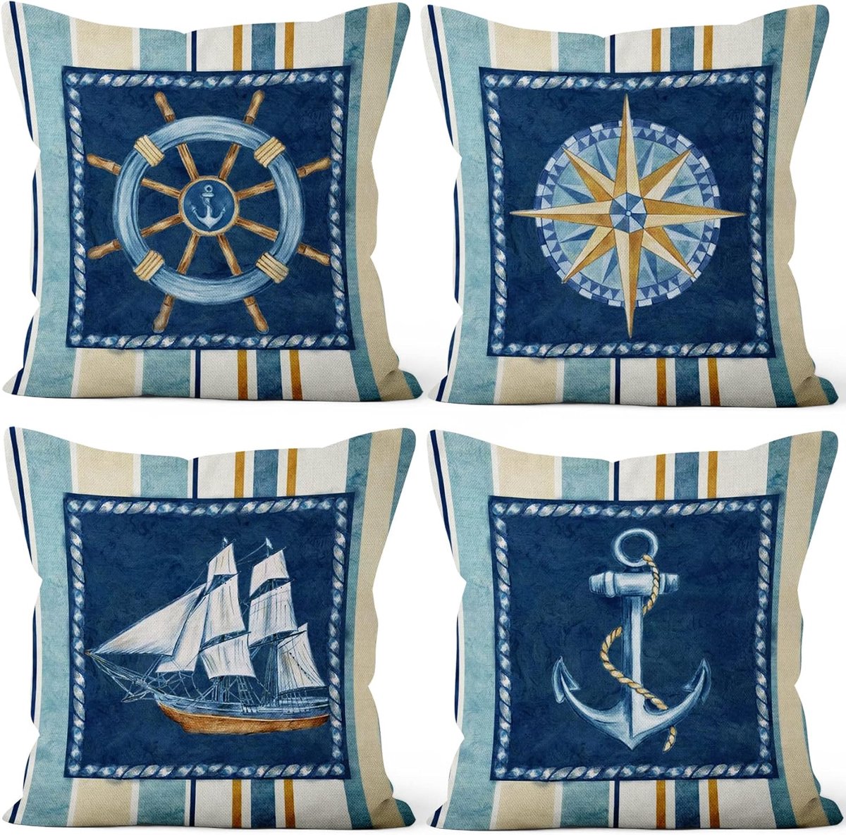 SnelShoppen - Set van 4 Decoratieve Kussentjes 46x46 cm - Sierkussensloop met Anker, Zeeman, Roer, Kompas en Zeilboot Print - Duurzaam Linnen voor Ban
