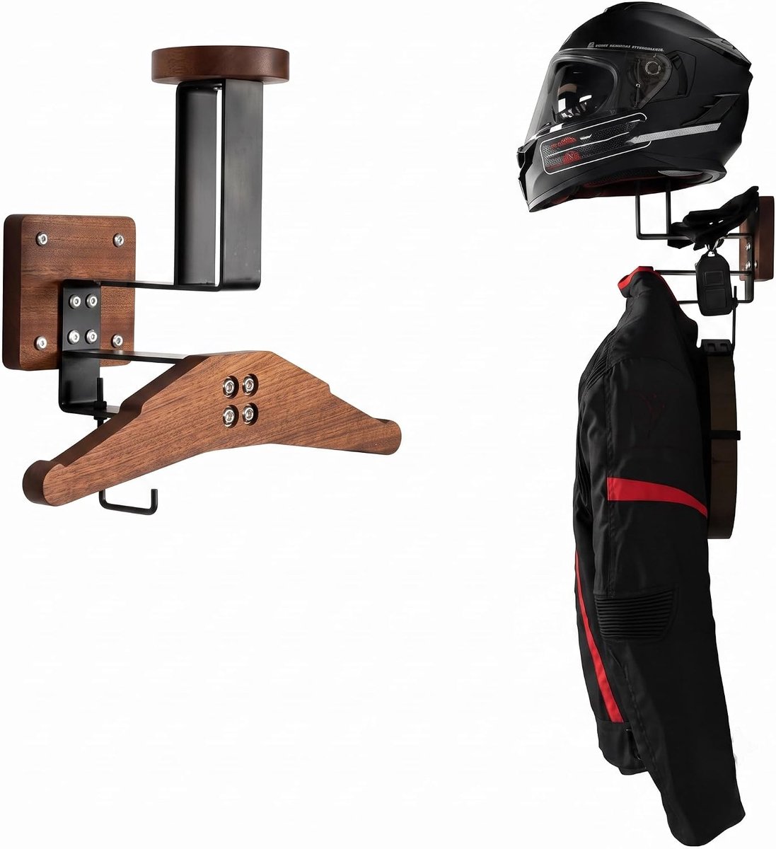 SnelShoppen - Motorhelmhouder Wand, Motorhelm en Jas Organizer, Ruimtebesparend, Robuuste Houten en Metalen Drager voor Motorfiets, Fietsuitrusting en