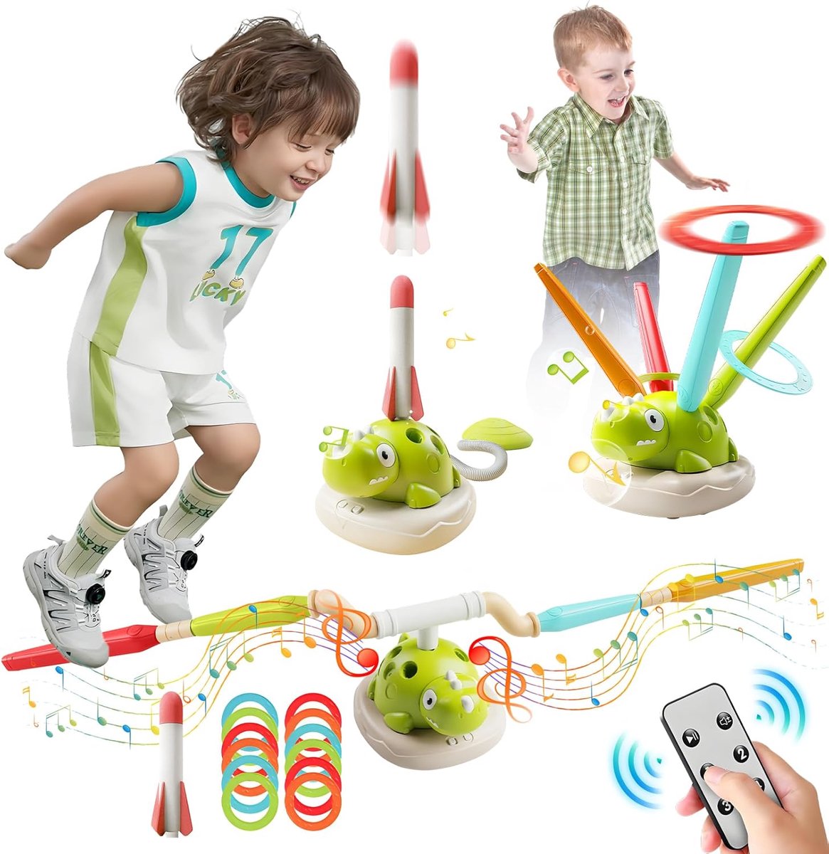 SnelShoppen - 3-in-1 Buiten Speelgoed voor Kinderen, Rocket Speelgoed, Touwtje Springen, Gooispel met Muziek, Afstandsbediening, 4 Snelheden, Geschikt