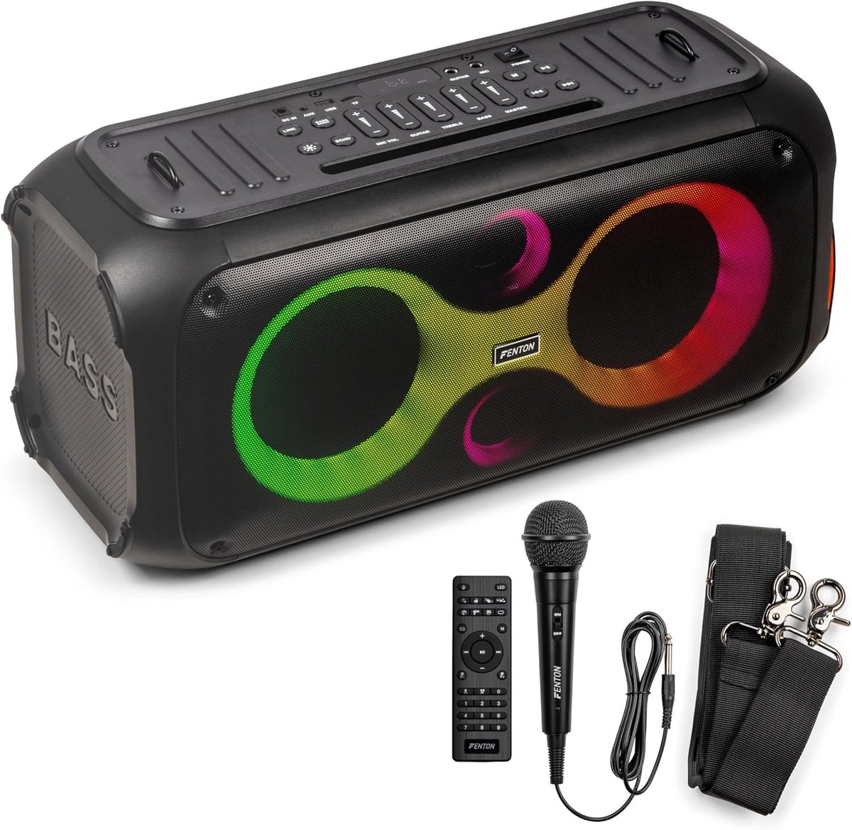 SnelShoppen - Draagbare Bluetooth Partybox 180W met LED Lichtshow, 2x 6.5" Woofers, Karaoke Set en Microfoon, Tot 12 Uur Accuduur, Stereo Pairing, USB