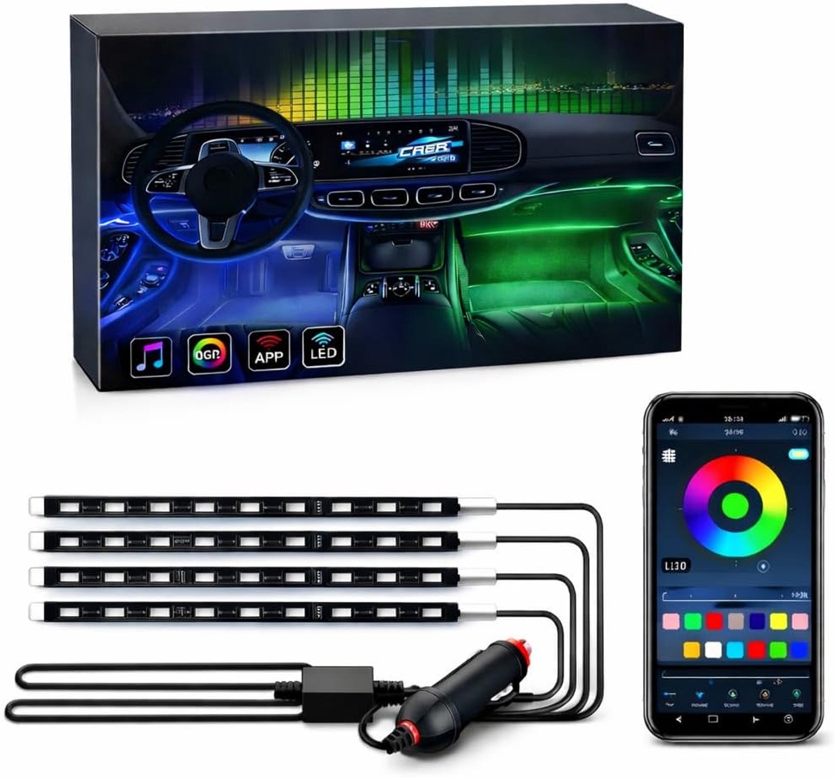 SnelShoppen - LED Interieur Set RGB Verlichting Auto LED Strip 9 Kleuren met Afstandsbediening 4 Stuks 22 cm Persoonlijke Sfeer