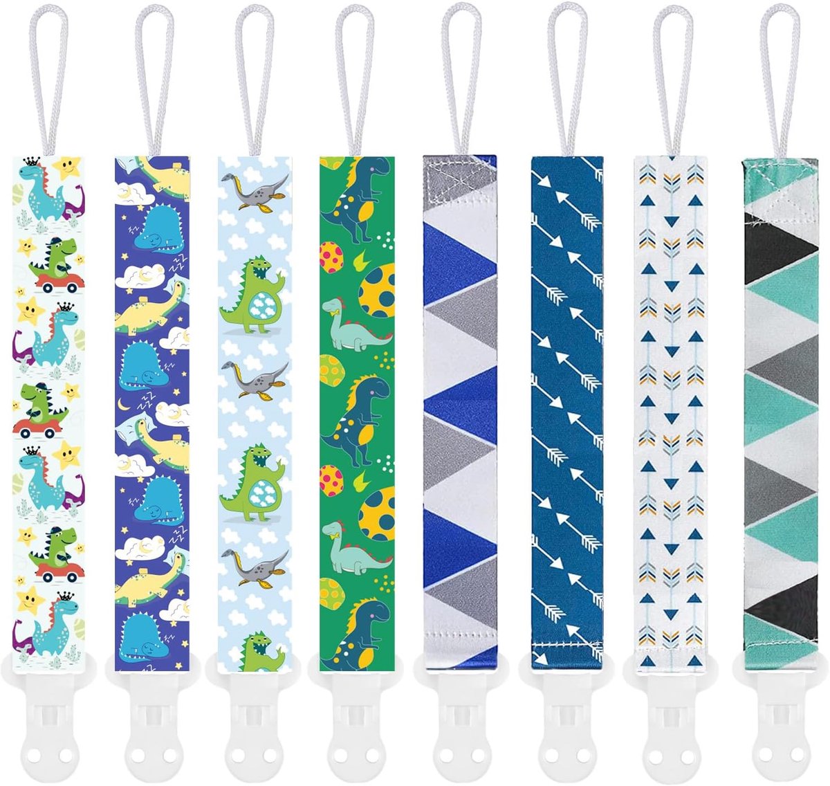 SnelShoppen - Set van 8 Multicolour Baby Fopspeenhouders - Dino en Blauw - Trendy Fopspeenclips voor Jongens en Meisjes - Versterkt Visuele Waarneming