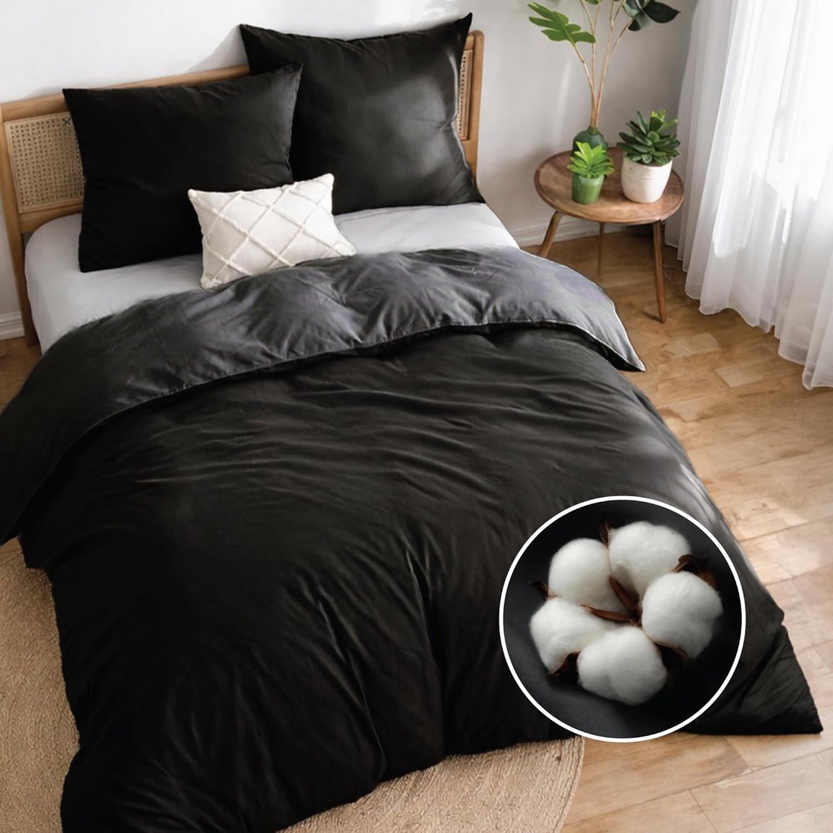 SnelShoppen - Duvet Cover Set 200x220 - Zwart - 3-delig Beddegoedset met 2 Kussenslopen 80x80 - Reversibel Design van 100% Katoen - Oeko-Tex - Wasbaar