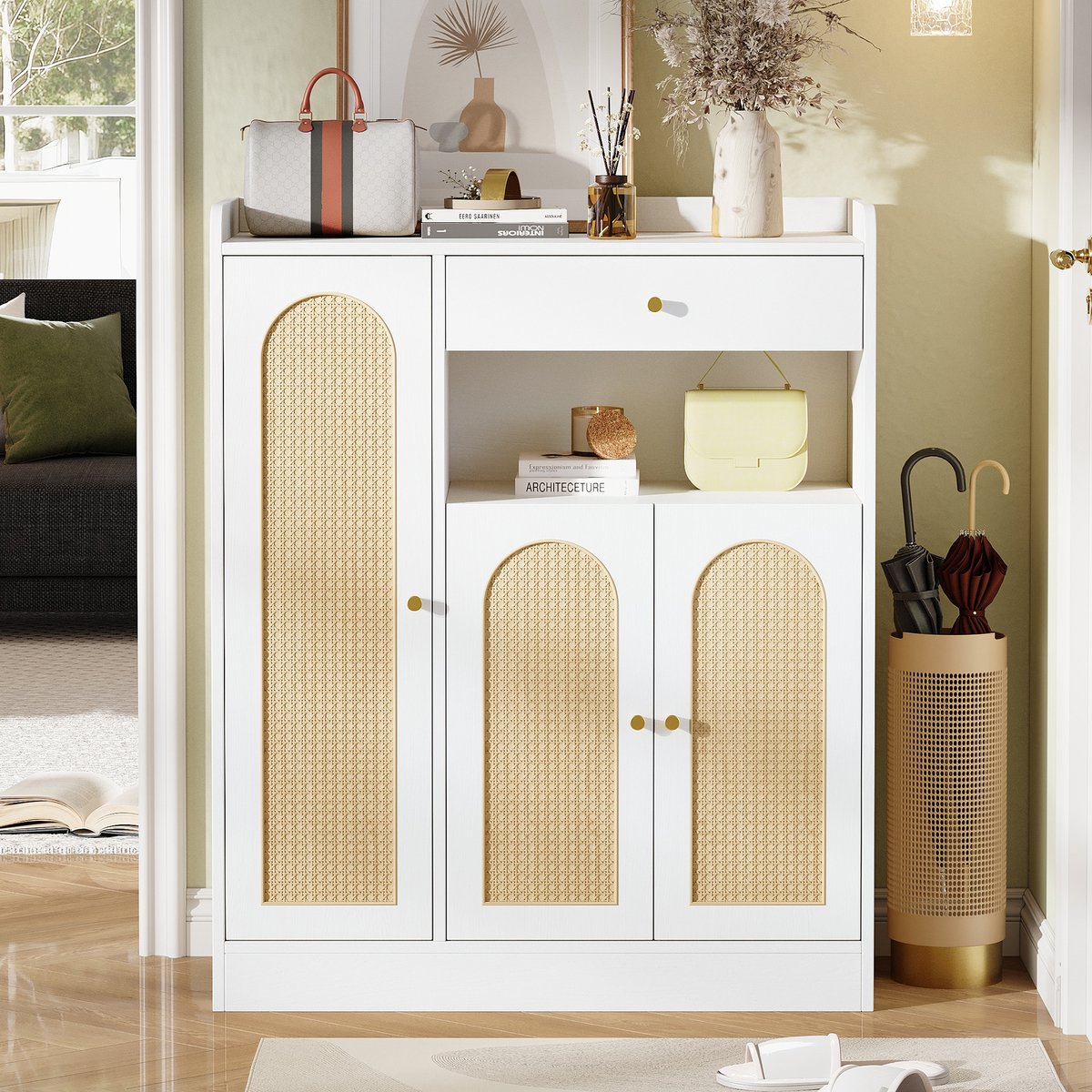 Wishdor - Schoenenkast - Rattan deuren en 1 lade - 3 deuren met verstelbare planken - modern - hal of eetkamer - houtlook - wit naturel - 90 x 35 x 110 cm