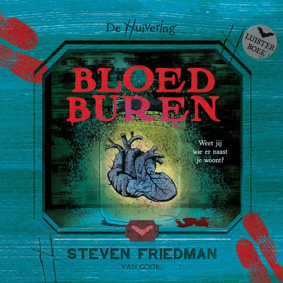 Boekcover met rode tekst "BLOED BUREN" en een geconserveerd hart in een pot. "De Huivering" en "Luisterboek" zijn ook zichtbaar.