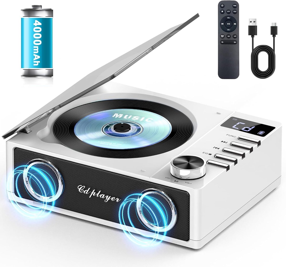 SnelShoppen - Draagbare CD-speler met Bluetooth 5.3, 4000 mAh, Oplaadbaar, Hifi-geluid, Afstandsbediening, USB, TF, AUX, Led-display voor Thuis en Cad