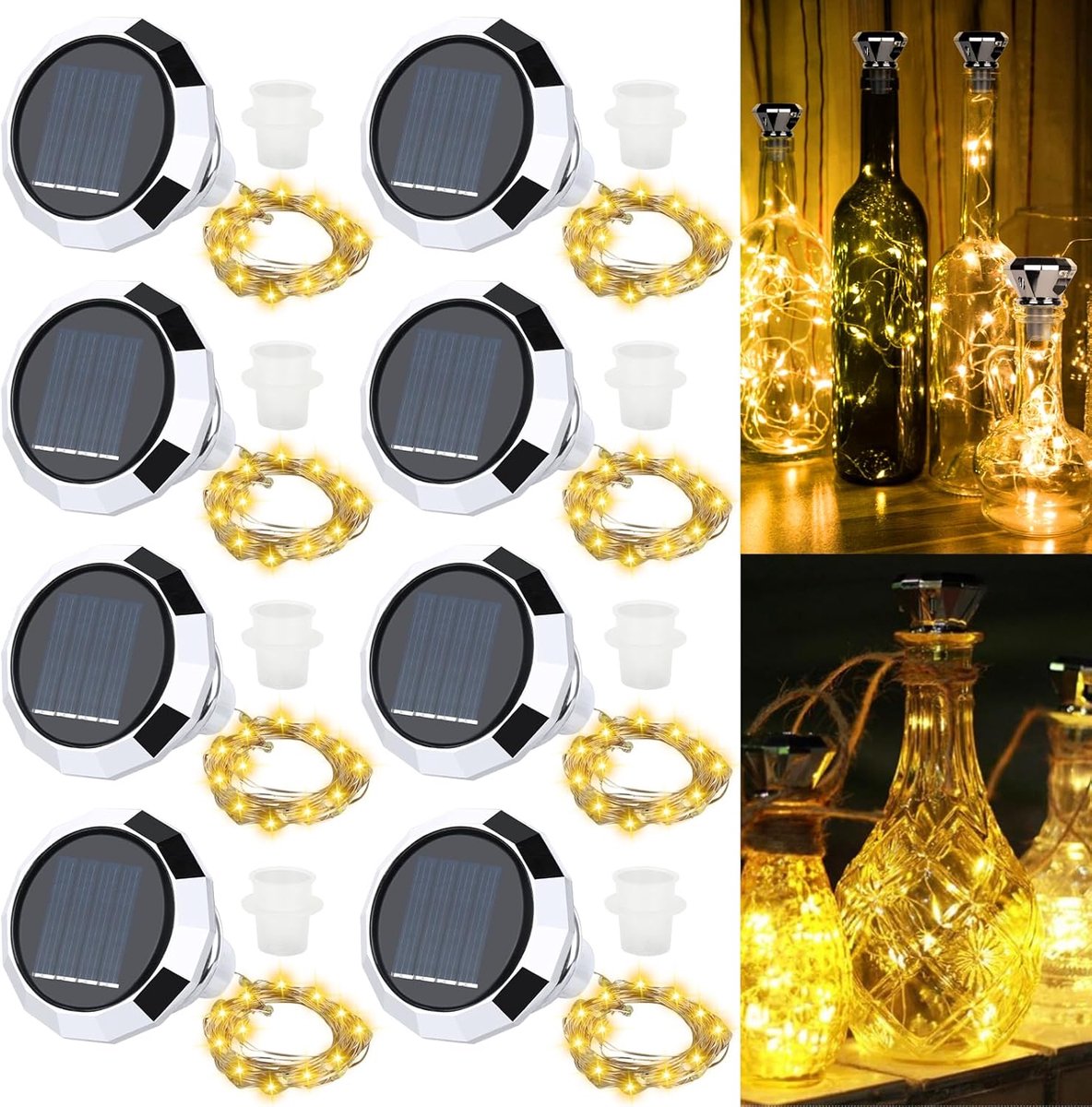 SnelShoppen - Lichtsnoer op Zonne-energie - 8 Stuks - 2 Meter - 20 LEDs - Flessenlichtsnoer met Kurk - Warmwit - Decoratie voor Buiten, Tuin, Bruiloft