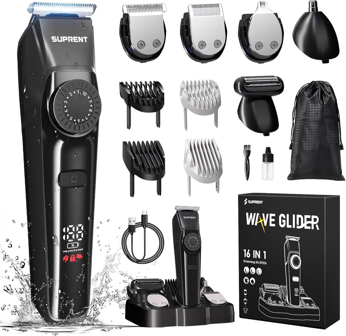SnelShoppen - Baardtrimmer voor Heren - All-in-1 Draadloze Baardtrimmer, Neushaartrimmer, Waterdicht, 210 Minuten Looptijd, 40 Lengtes voor Gezicht/Ho