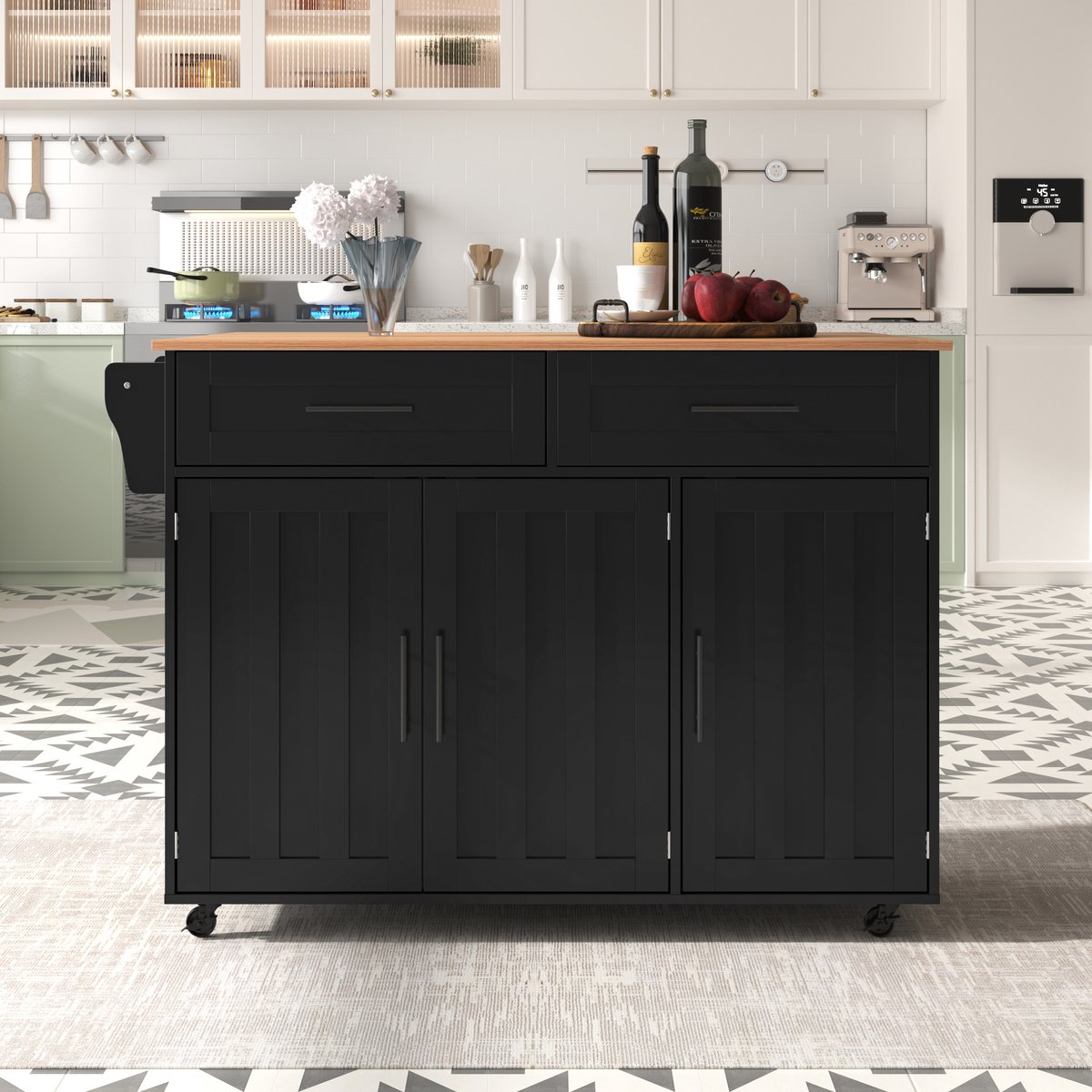 Wishdor - Keukenkast - Opklapbaar werkblad en opbergruimte - Verrijdbare keukentrolley - Keuken of eetkamer - Houtlook en zwart - 129 x 46 x 91,5 cm