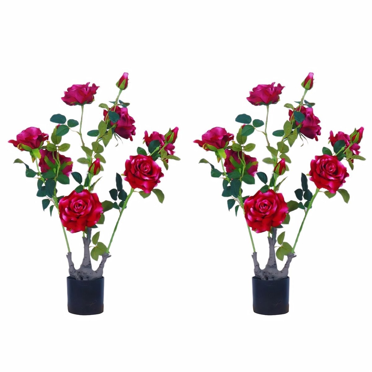 Set van 2 Kunst Pioenrozen Bomen - Realistisch design met Groene Bladeren - voor woonkamer en tuin - Rode Kunstbloemen in Pot - Oranje