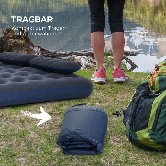 Luchtbed 203x152x22 cm - Tweepersoons Opblaasbaar Bed Met Ingebouwde Handpomp En 2 Kussens - Voor Camping En Gasten - Blauw — afbeelding 4