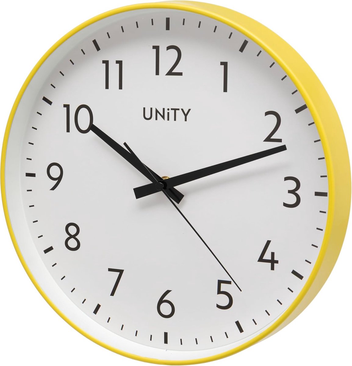 Thijox - Moderne Unity Wandklok Fradley, Stille Veeg, Wit, 30 cm, Perfect voor Keuken, Woonkamer, Slaapkamer, Eigentijds Design, Geel Accent
