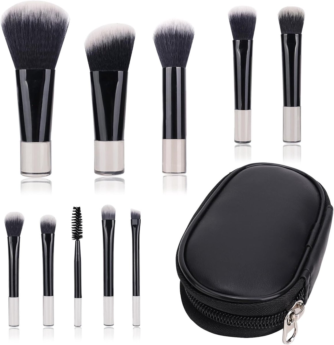 SnelShoppen - Pack van 10 Reis Make-up Kwasten, Mini Make-up Borstels met PU Tas, Professionele Cosmeticakwasten Set voor Thuis en Op Reis (Zwart)