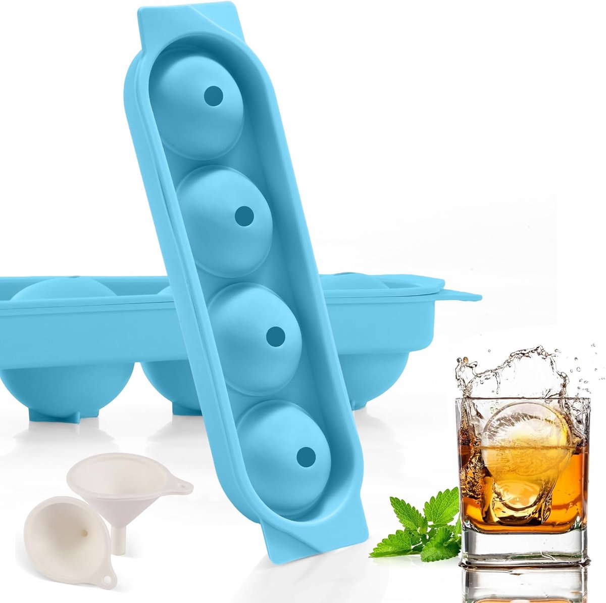 SnelShoppen - Silicone IJsblokjes Vorm - Set van 2 - 8 x Ronde IJsblokjes Tray met Deksel - BPA-vrij - Ideaal voor Bier, Cocktails, Whisky - Blauw
