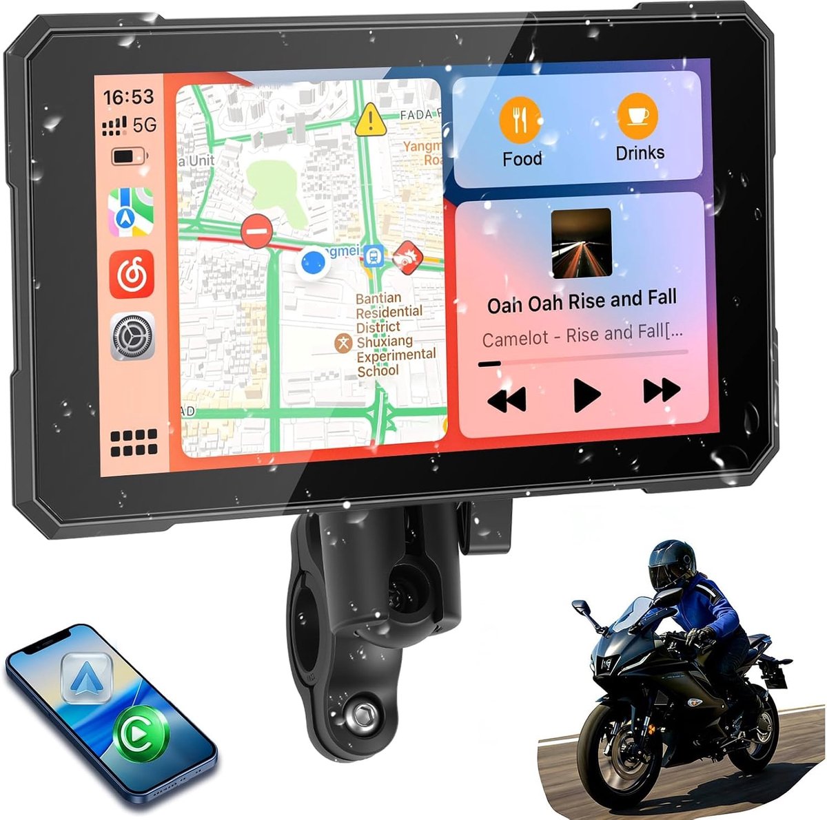 SnelShoppen - 5 inch Motorfiets Carplay Display met Draadloze CarPlay en Android Auto, IP67 Waterdicht, Ondersteuning voor Bandenspanning Monitor, GPS