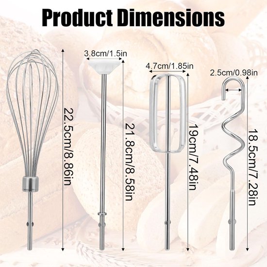 SnelShoppen - Hand Mixer Accessoires Set - 2 Turbo Kloppers, 1 Eiklopper, 2 Deeghaken en 1 Mengstaaf - Roestvrij Staal - Voor Keuken, Bakken, Koken van Snelshoppen — afbeelding 5