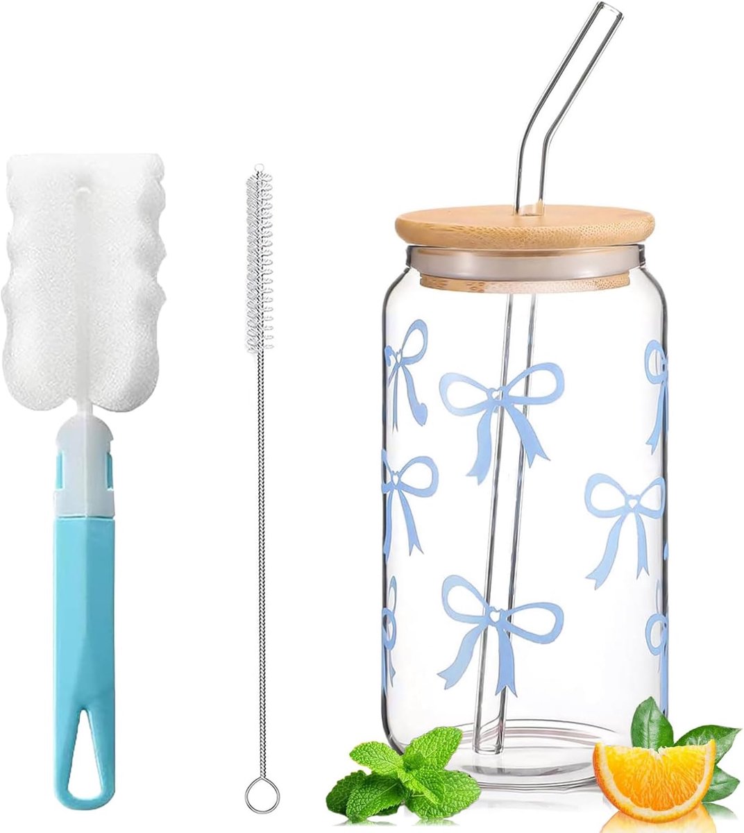 SnelShoppen - Bubble Tea Ice Tea Glas 400 ml met Rietje en Bamboe Deksel, Matcha Glas met Strik Design voor Iced Coffee, Cocktails, Feest, Camping, Ke