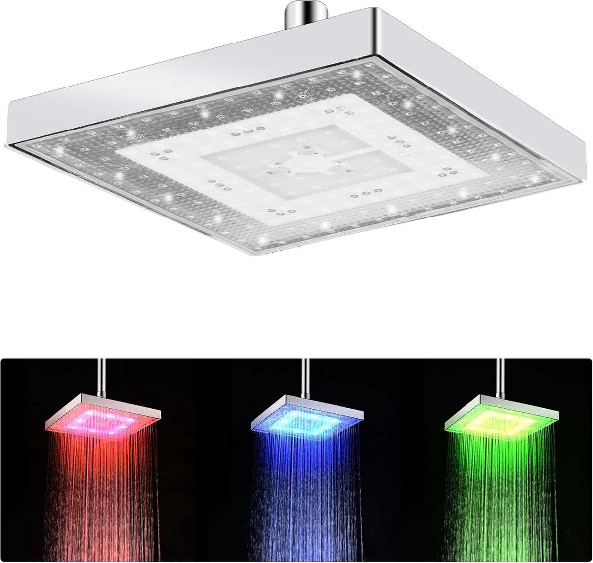 SnelShoppen - 20 cm LED Regen Douchekop met Temperatuur Controle - 3 Kleuren - Hoge Doorstroom Vierkante Douchekop voor Badkamer en Thuis