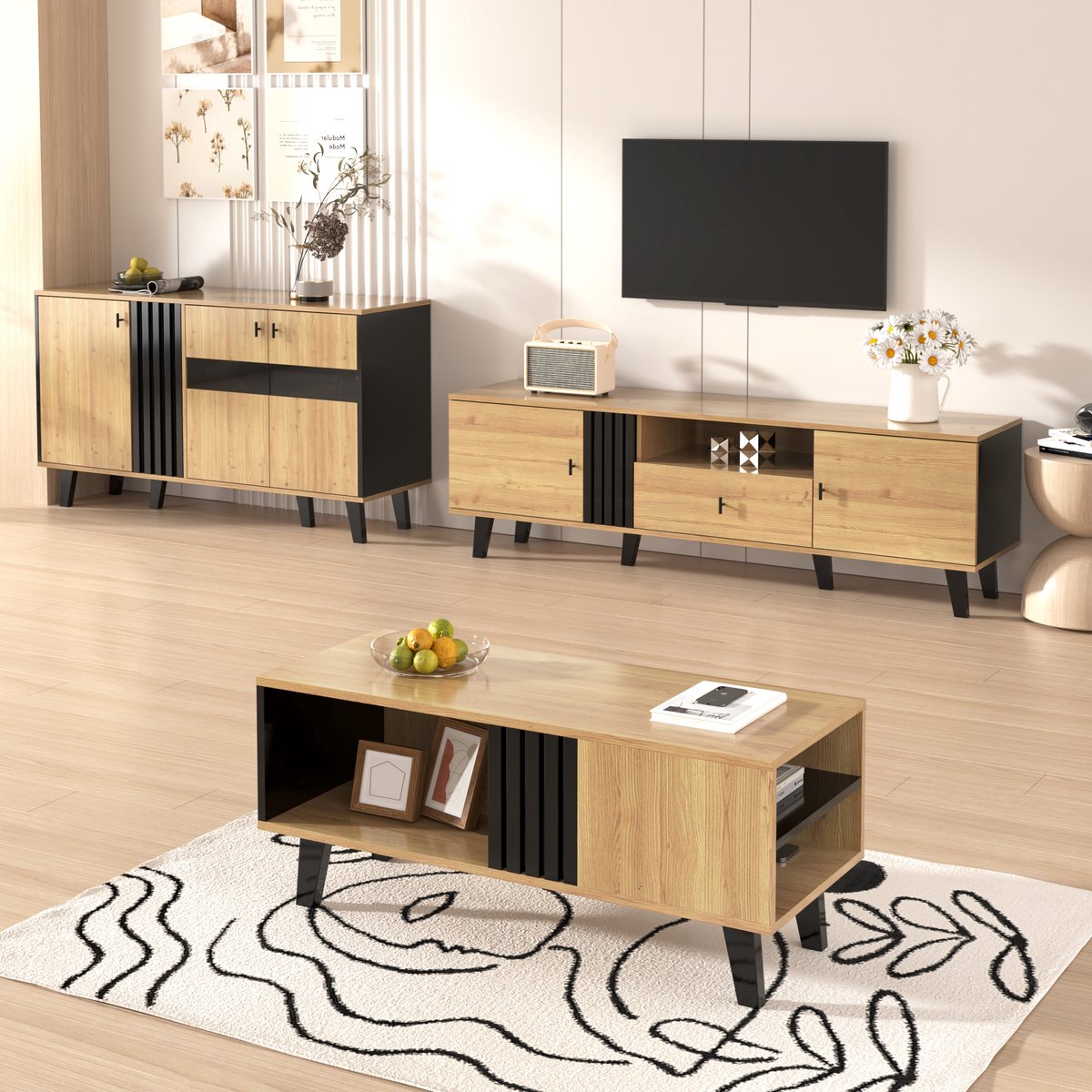 Wishdor - Dressoir - vitrinekast met glasdeuren en LED-verlichting - modern design - woonkamer - houtlook en zwart - 80 x 40 x 120 cm